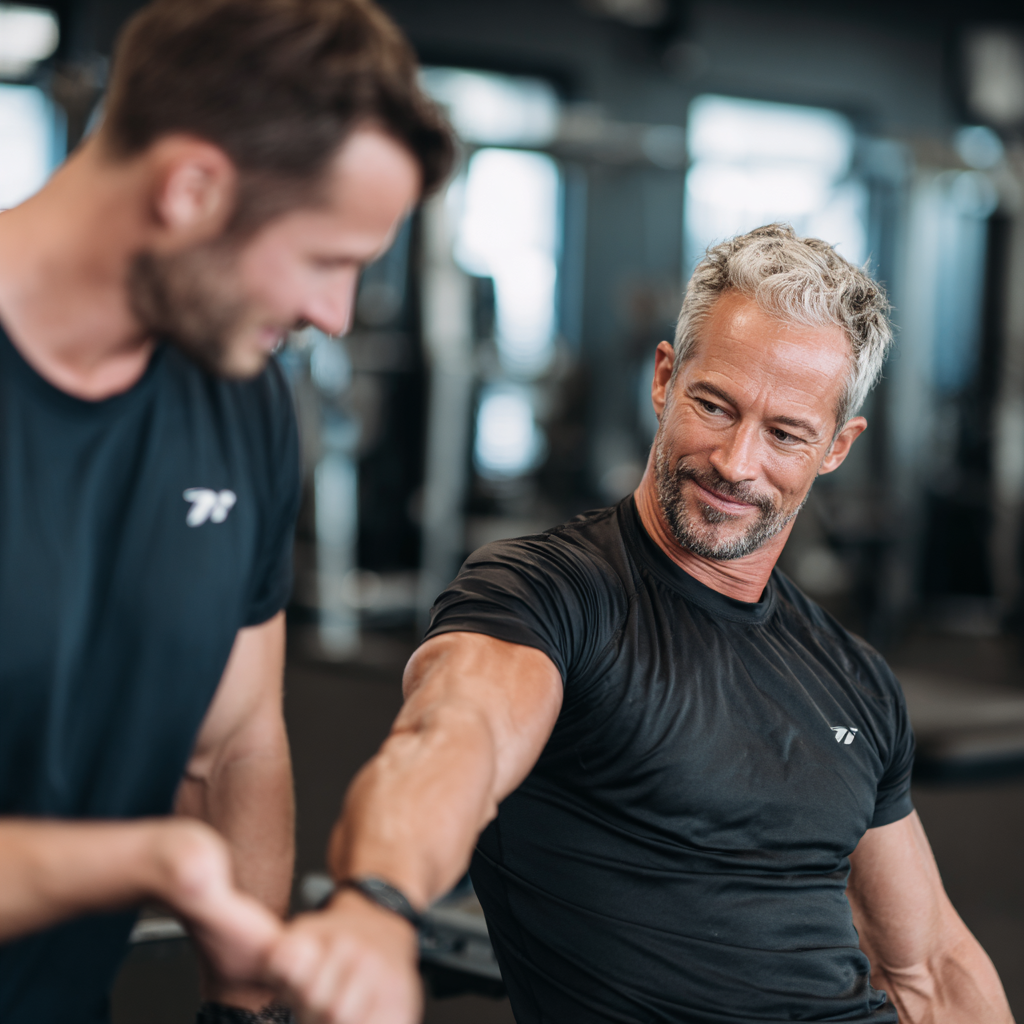 52 years old male fitness trainer in thirties demonstrating proper exercise form in gym setting
