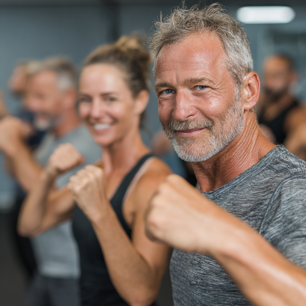 53 years old engaging in group fitness class with focused determination and positive energy