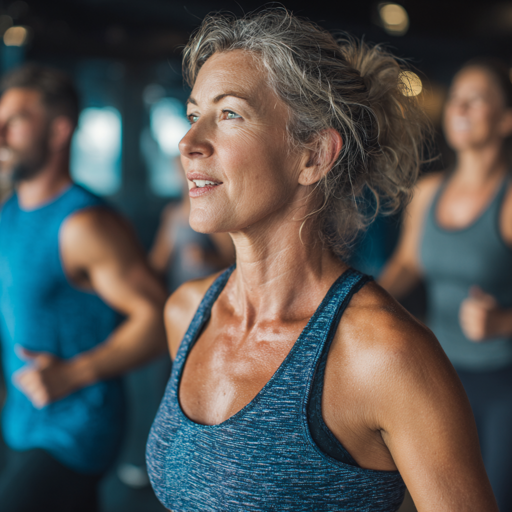54 years old woman engaging in group fitness class with focused determination and positive energy